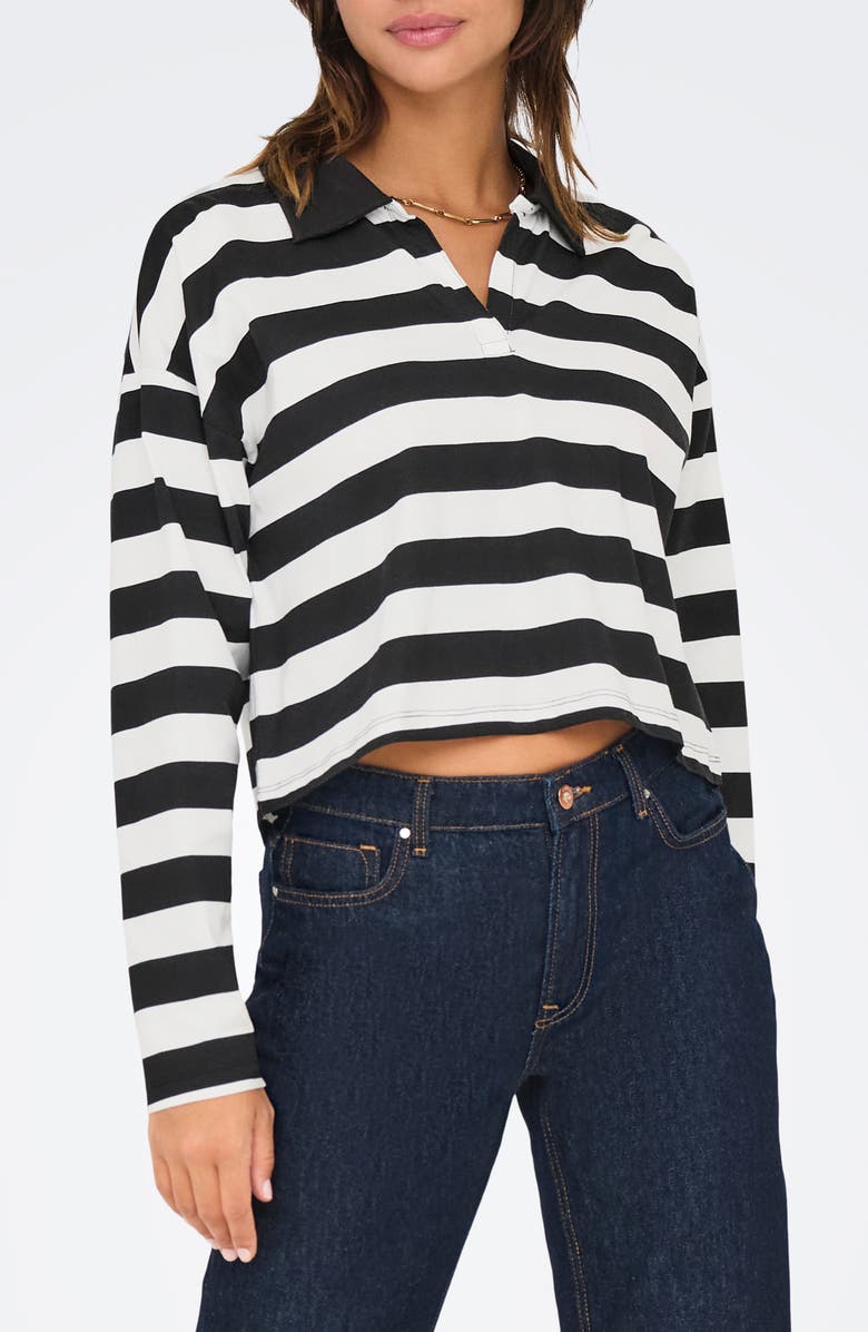 Only May Life Stripe Boxy Polo Top, Main, color, Blackstripes Cloud Dancer