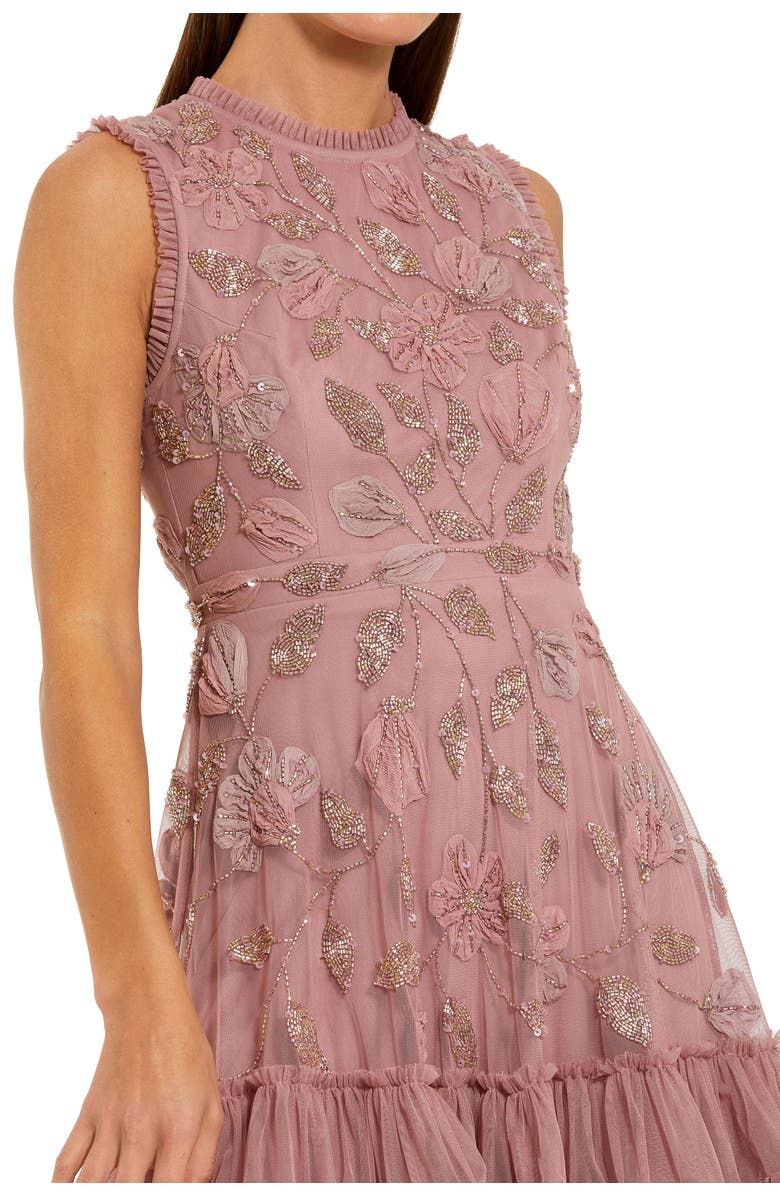 Mac Duggal High Neck Sleeveless Beaded Dress With Ruffled Hem, Alternate, color, Antique Rose