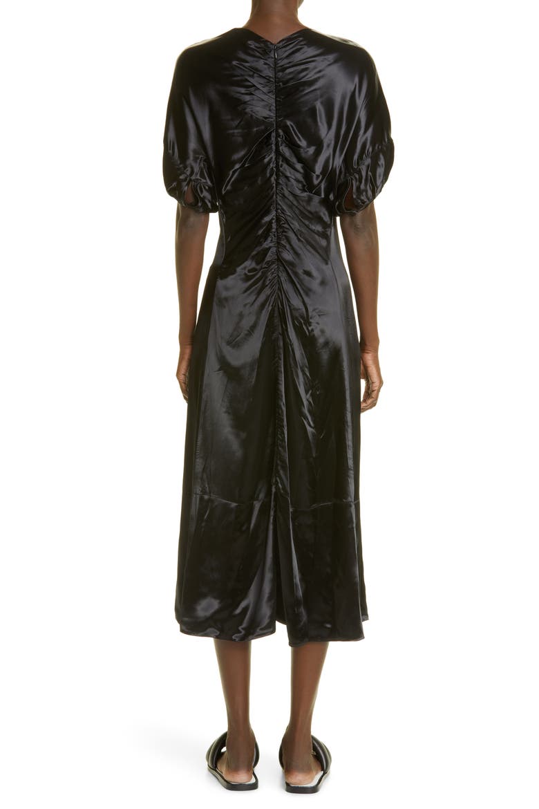 Puff Sleeve Ruched Satin Midi Dress, Alternate, color, BLACK