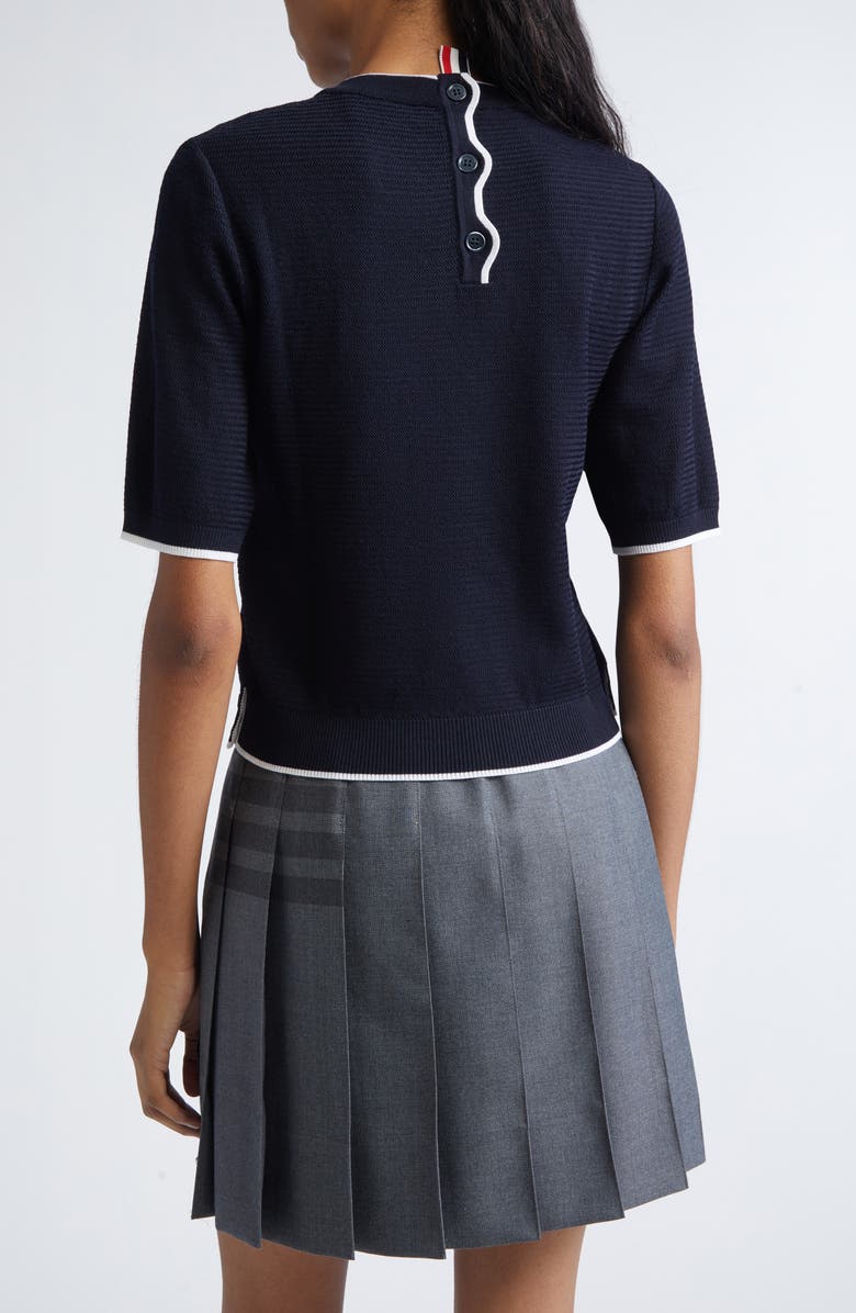 Thom Browne Tipped Textured Stitch Short Sleeve Virgin Wool Top, Alternate, color, Navy