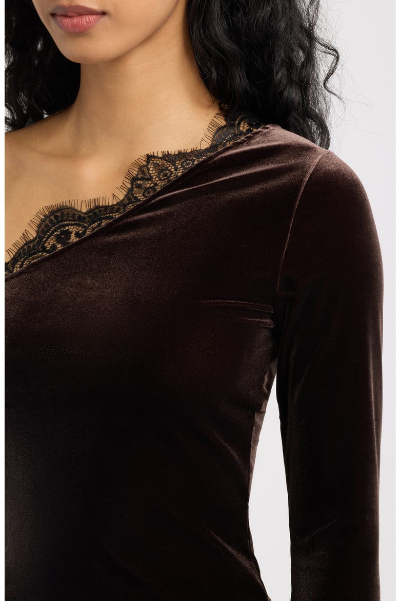 Reliquia Lace Trim One Shoulder Stretch Velvet Top, Alternate, color, CHOCOLAT