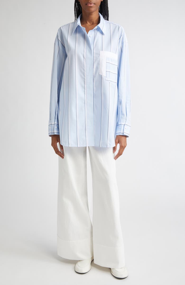 Lafayette 148 New York Amagansett Stripe Oversize Cotton Poplin Button-Up Shirt, Alternate, color, Oxford Blue Multi