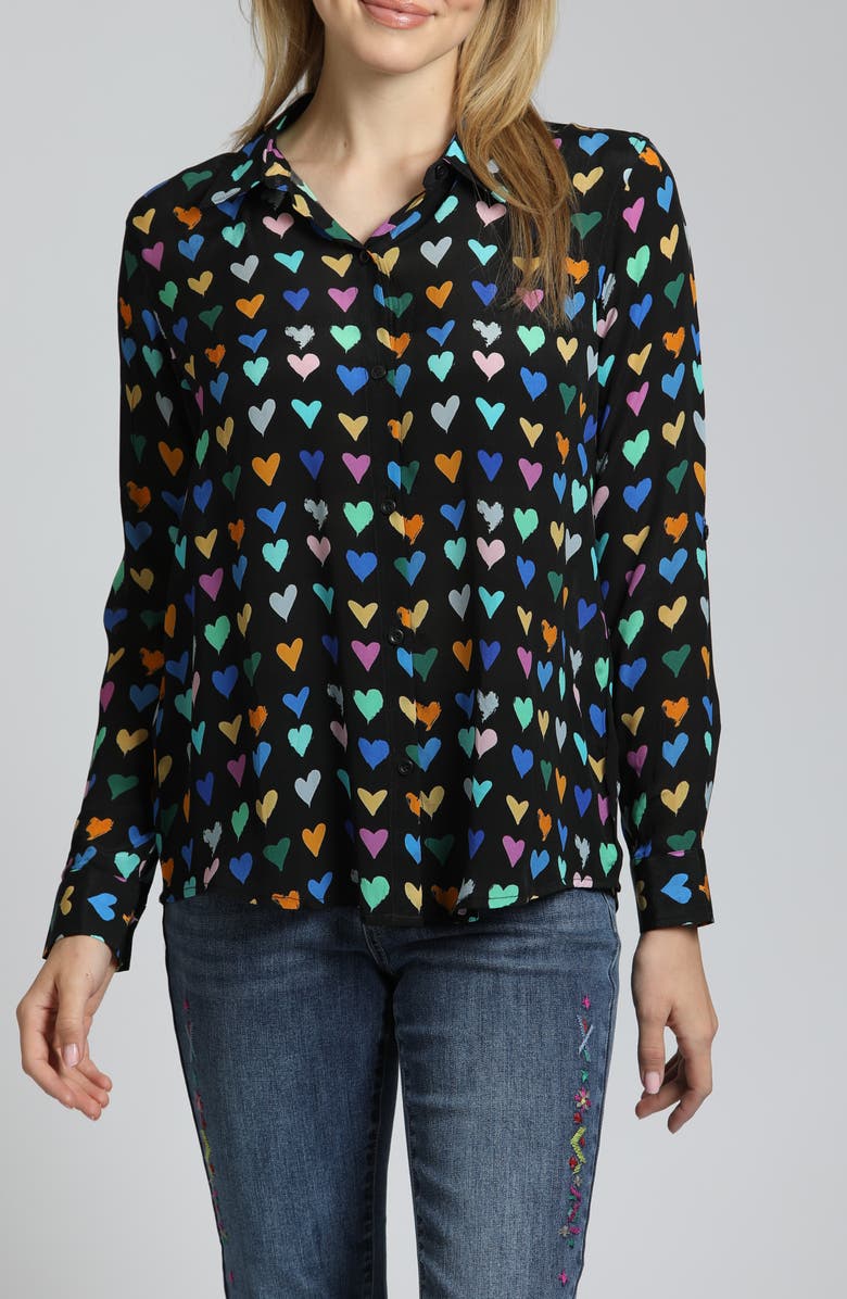 APNY Abstract Print Roll Tab Sleeve Chiffon Button-Up Shirt, Main, color, Black Heart Multi