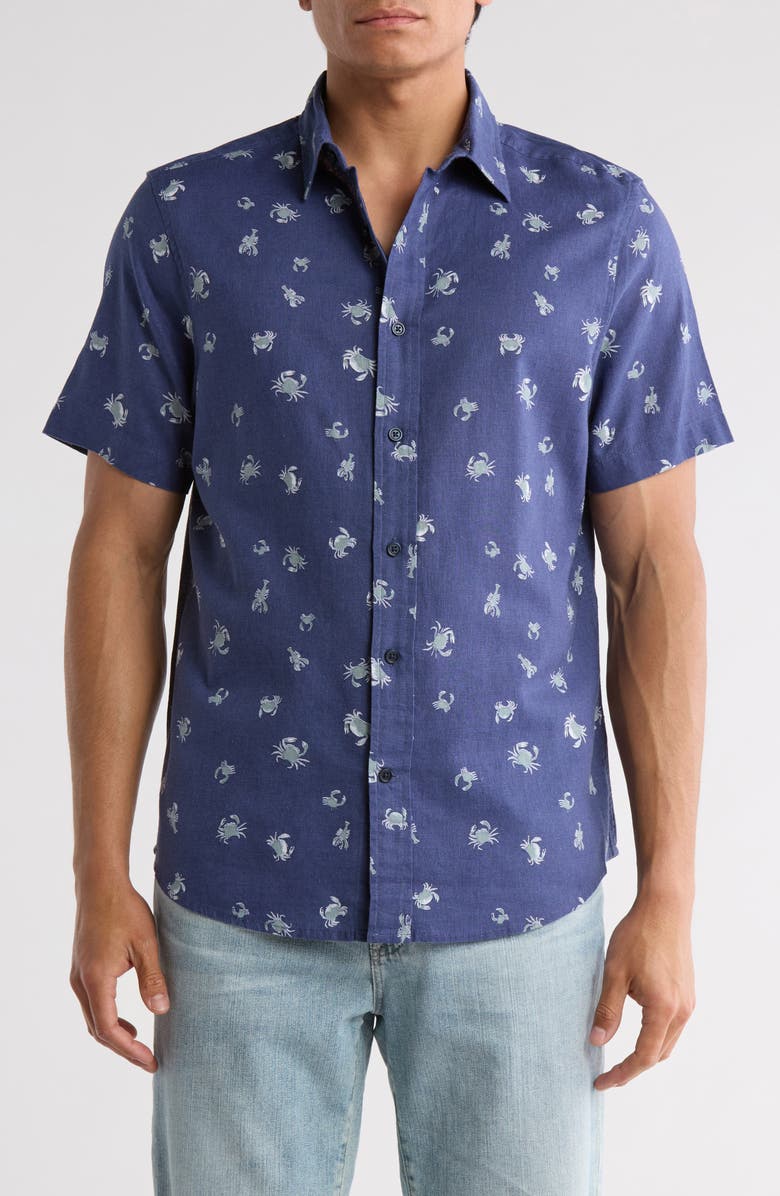 14th & Union Short Sleeve Linen & Cotton Button-Up Shirt, Main, color, Blue Sea Life
