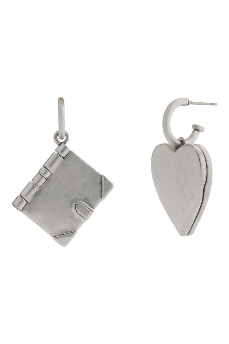 Runway Heart & Envelope Locket Drop Earrings, Main, color, ANTIQUE SILVER