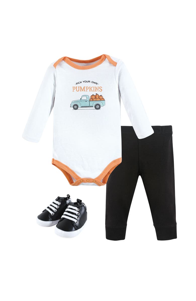 Hudson Baby Three-Piece Long-Sleeve Bodysuit Outfit with Pants and Footwear, Main, color, Pumpkin Truck