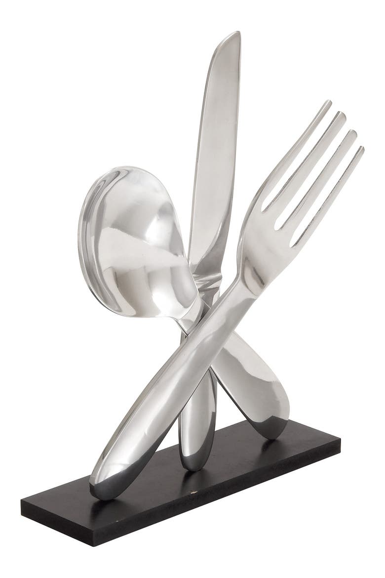 Silvertone Aluminum Utensils Sculpture with Black Base, Alternate, color, SILVER