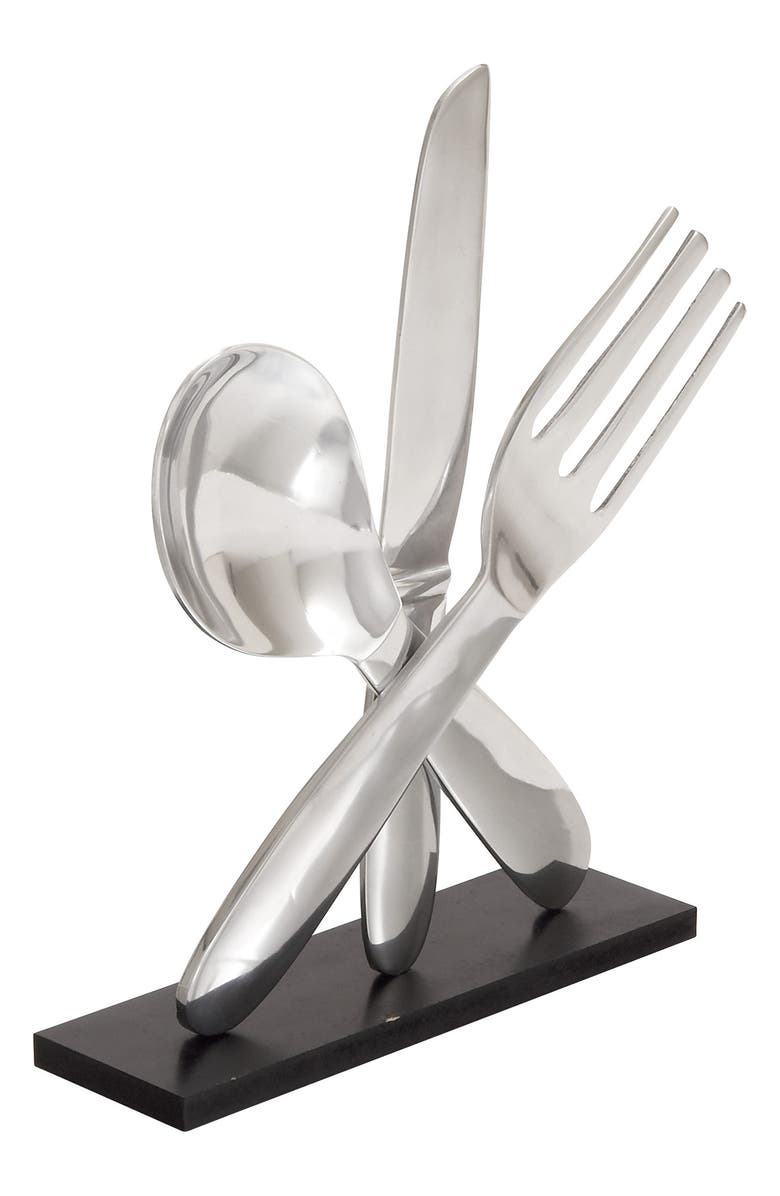 WILLOW ROW Silvertone Aluminum Utensils Sculpture with Black Base, Alternate, color, 