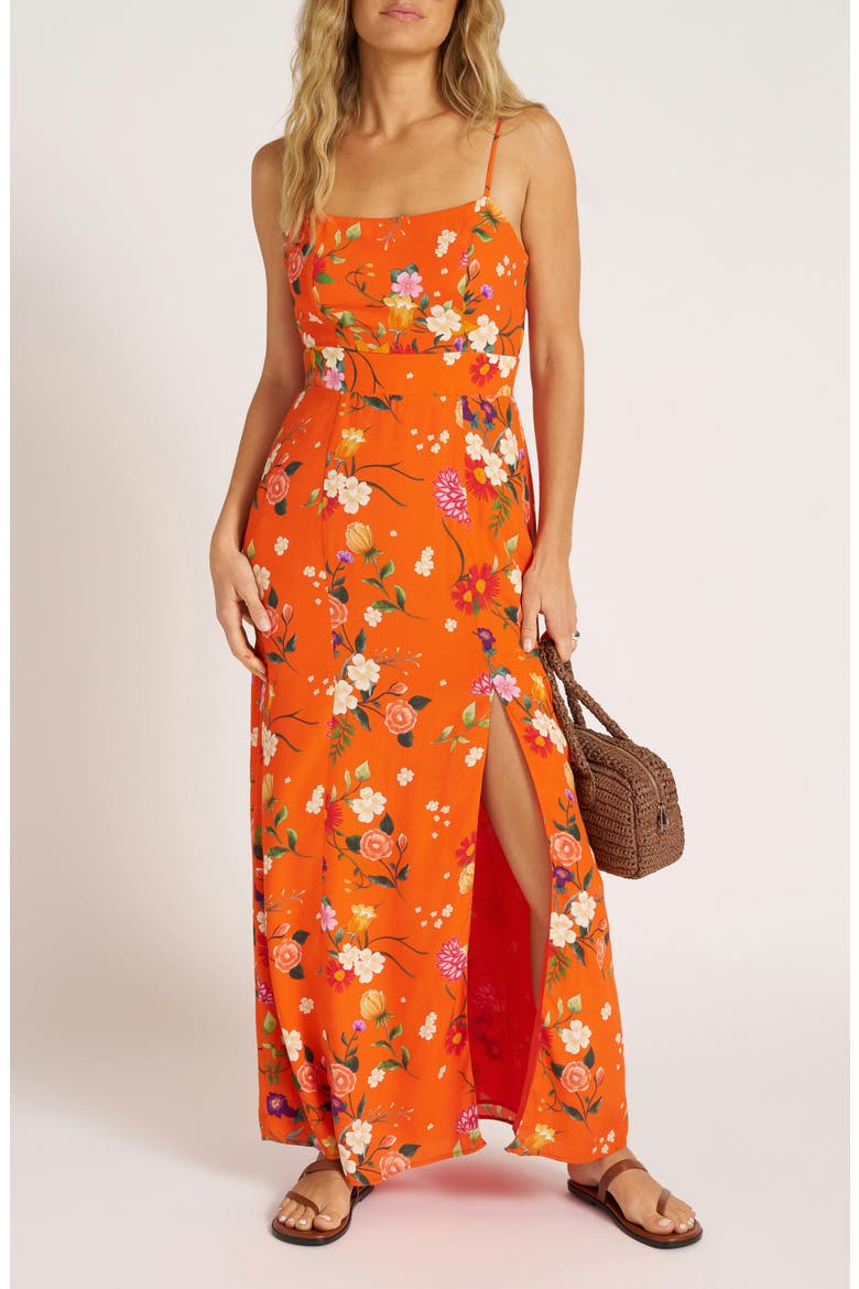 Floral Print Satin Maxi Dress, Alternate, color, TANGERINE