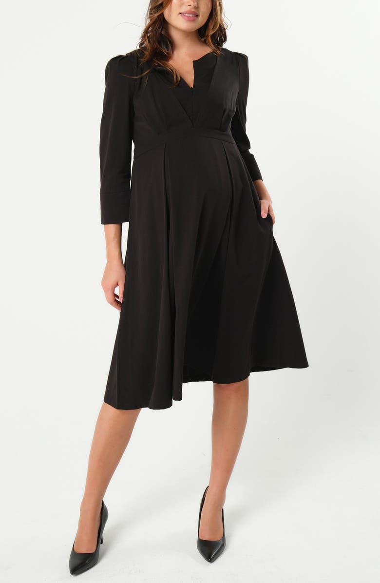 Marion Petite Women's 3/4 Sleeve Empire Waist Maternity & Nursing Midi Tea Dress, Main, color, Black