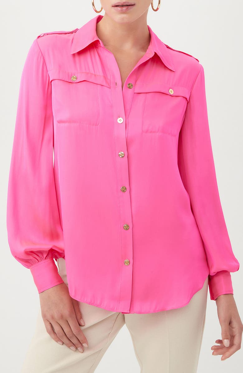 Trina Turk Astoria Silk Blend Button-Up Shirt, Main, color, 