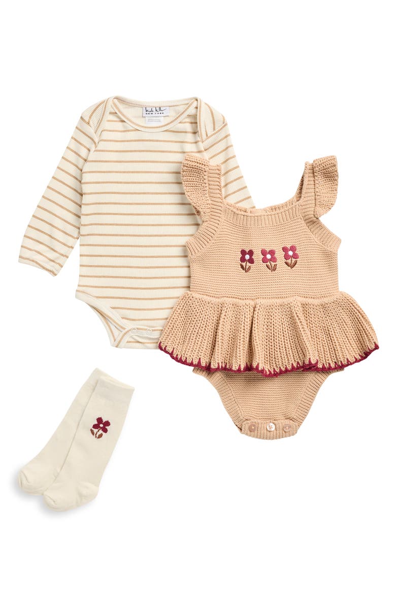 Nicole Miller Stripe Top, Floral Knit Bodysuit & Socks Set, Main, color, Moonlight