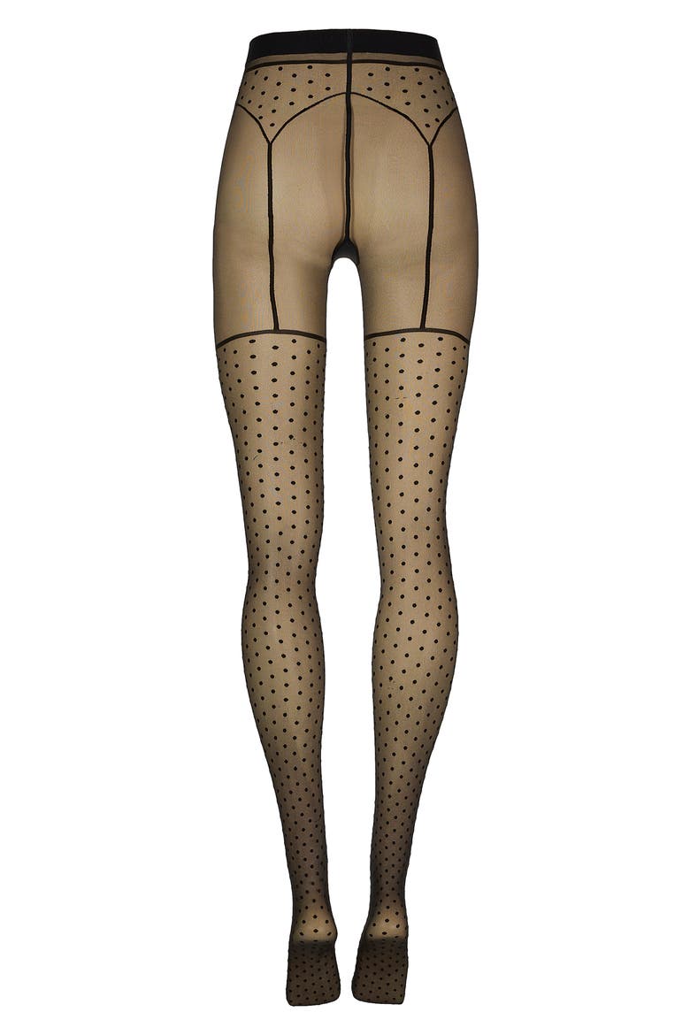 Illusion Garter Belt Polka Dot Tights, Alternate, color, BLACK/ BLACK