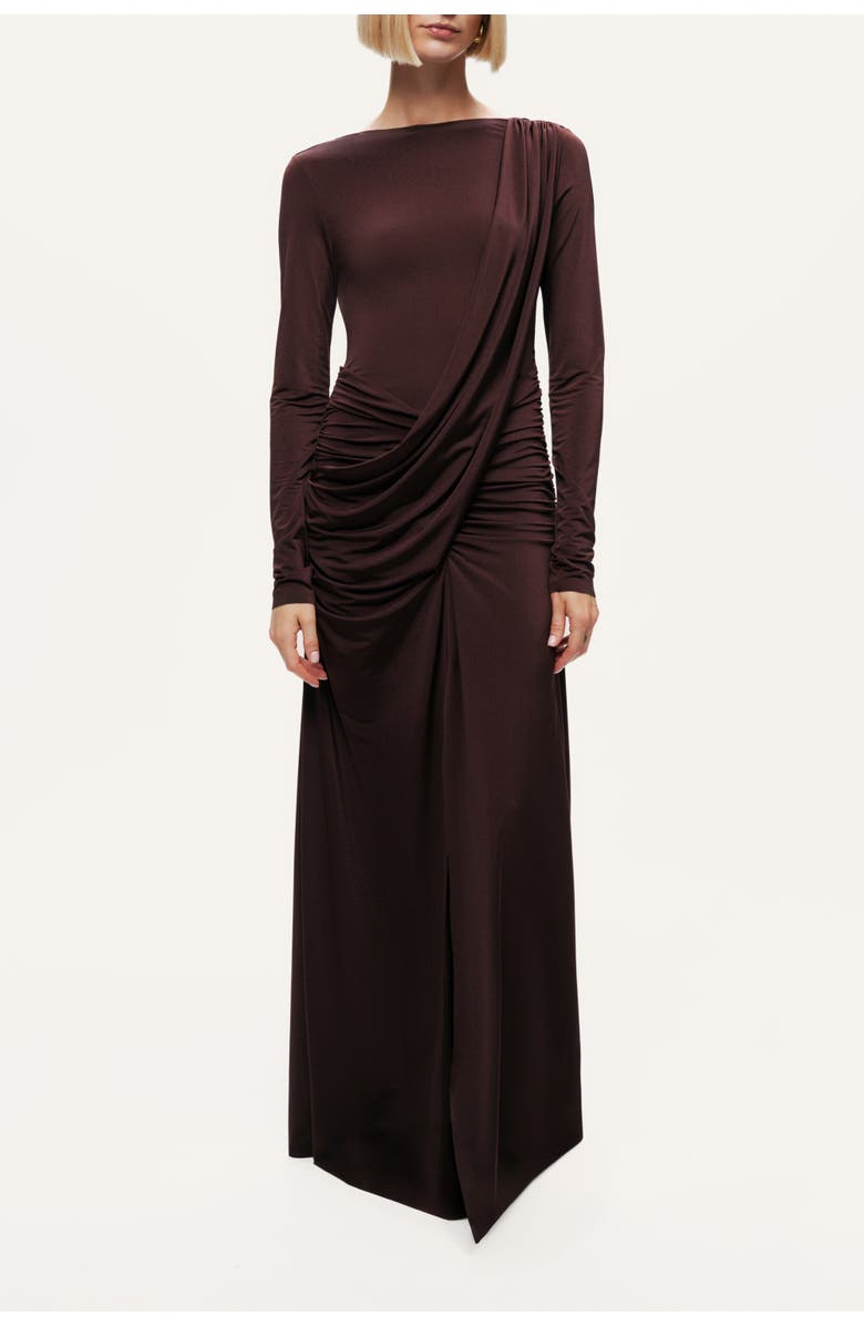 Nocturne Asymmetric Draped Open-Back Dress, Main, color, Dark Brown