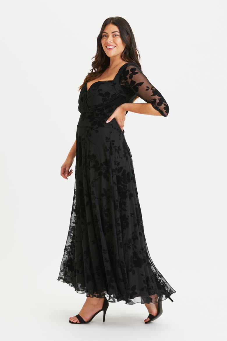 Elizabeth Velvet Flocked Mesh Maxi Dress, Alternate, color, Black Floral