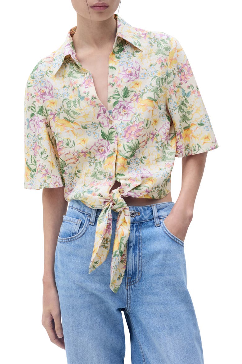 Floral Button-Up Linen Shirt, Main, color, ECRU