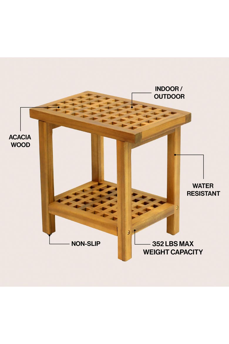 Armin Modern Acacia Wood Shower Stool with Storage Shelf, Heavy Duty Slatted Bath Spa Bench for Bathroom, Shower Entryway, Alternate, color, Natural