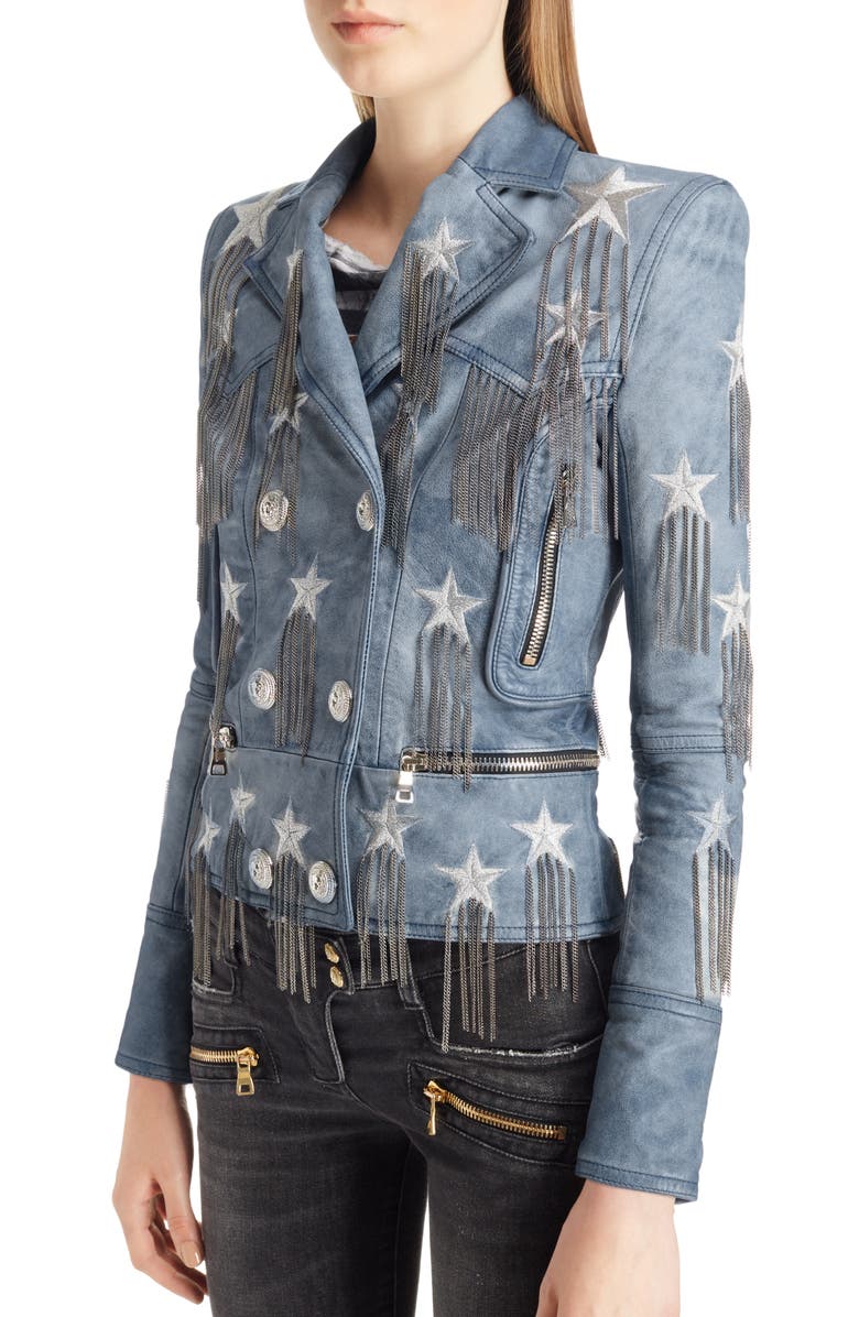 Balmain Star & Chain Embellished Leather Jacket, Alternate, color, 