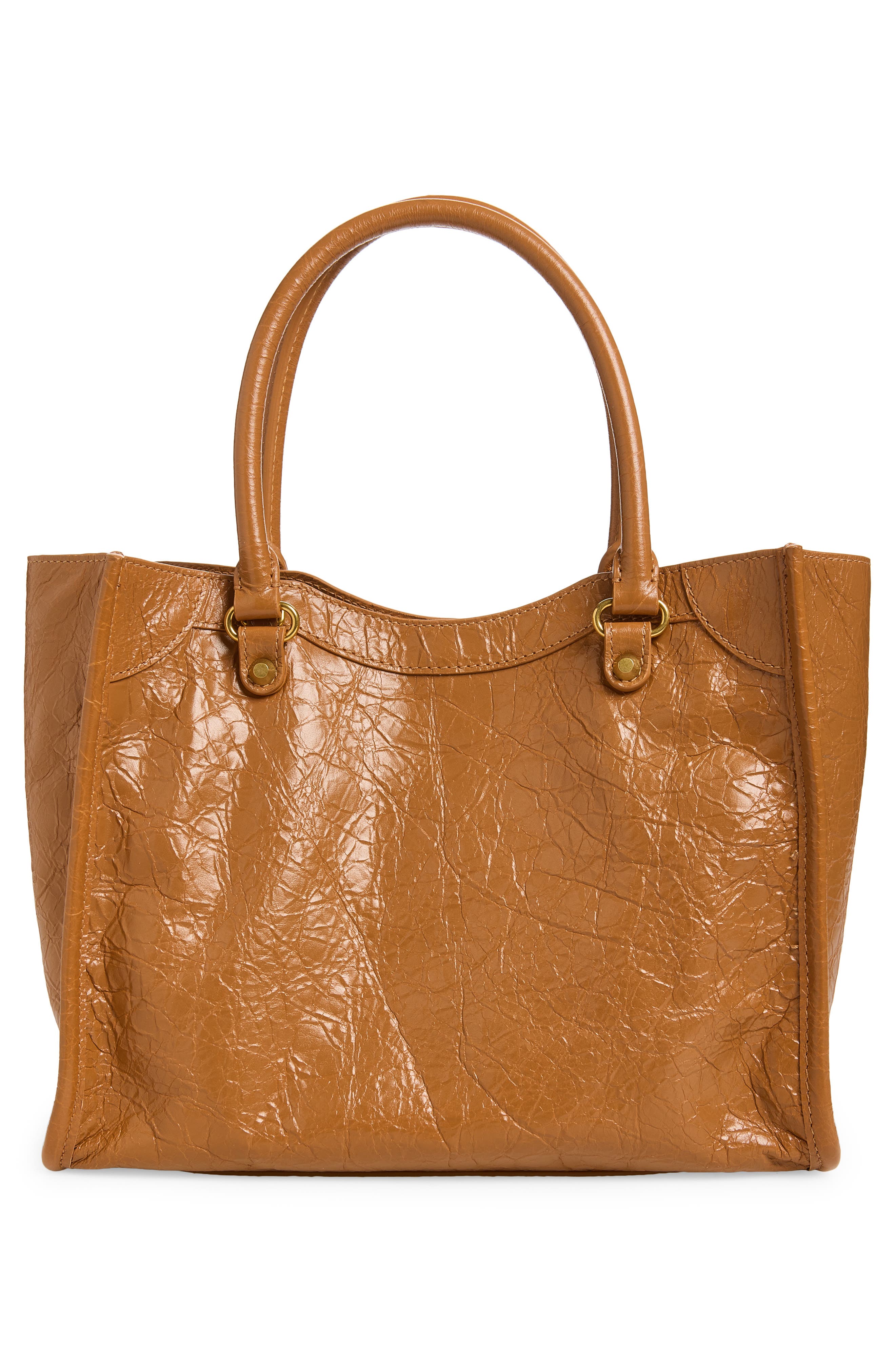 Balenciaga Mini Le City Crinkle Leather Top Handle Bag, Alternate, color, 2630 Camel