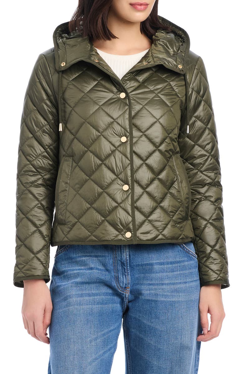 Kate Spade New York hooded quilted packable jacket, Main, color, New Dark Olive