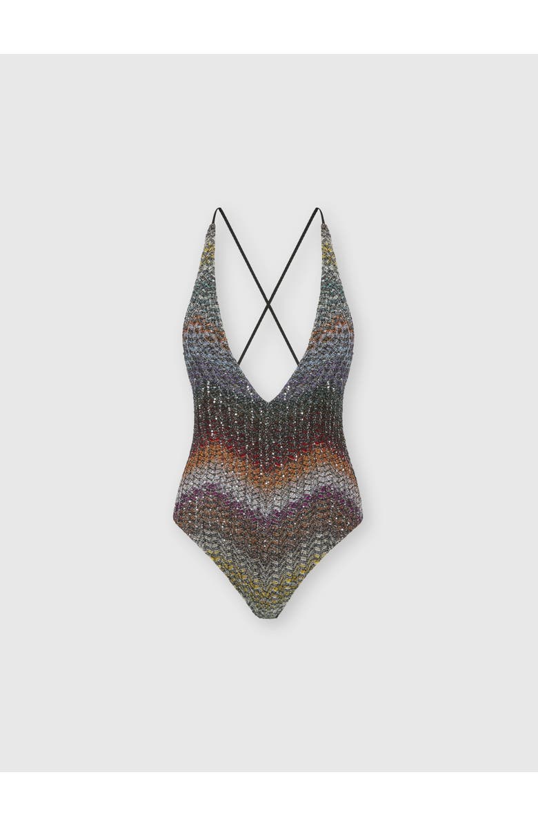 Missoni One-piece V-neck Swimsuit In A Greek-style Zigzag Knit With Sequins, Main, color, Multicoloured