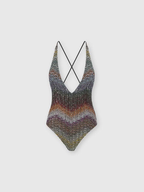 One-piece V-neck Swimsuit In A Greek-style Zigzag Knit With Sequins