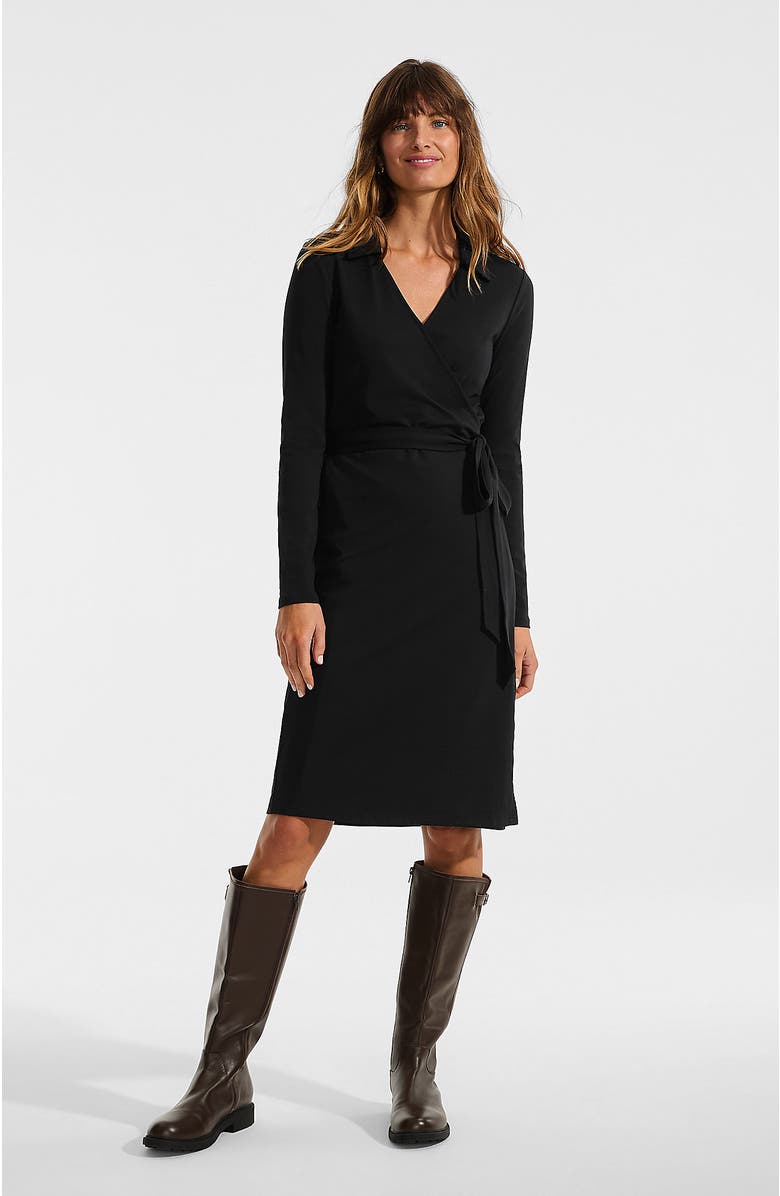 Lands' End Cotton Modal Collared Wrap Dress, Main, color, Black
