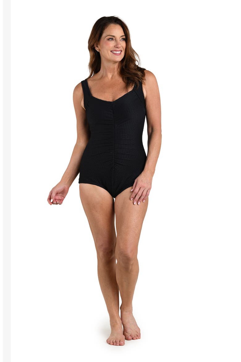 Textured Spa Ruched One-Piece Swimsuit, Alternate, color, BLACK