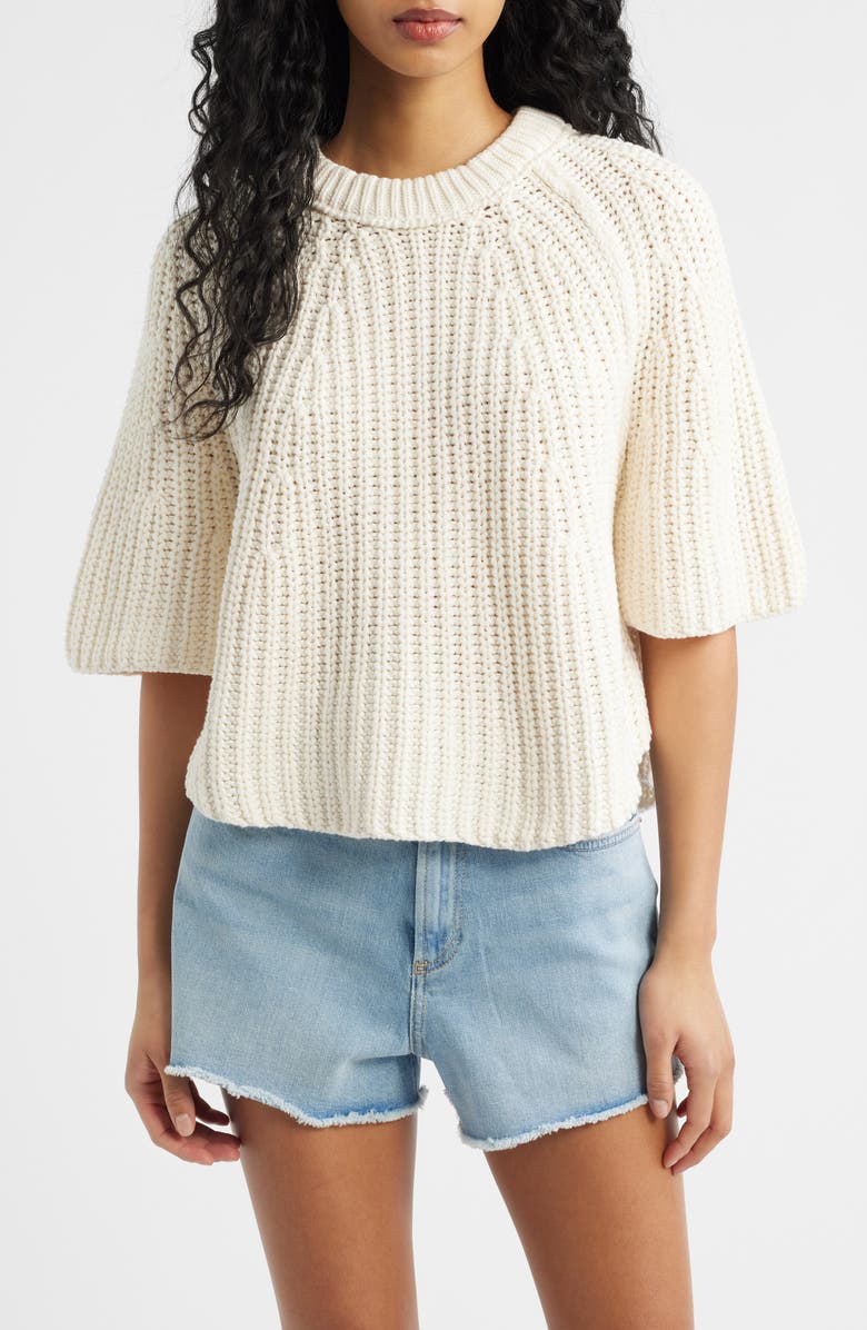 Free People Amy Short Sleeve Cotton Sweater, Main, color, Whisper White