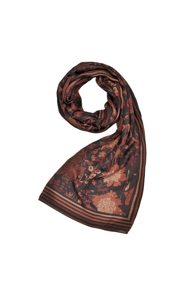 Fable England Deco Blooms Brown Stripe Border Midweight Scarf, Main, color, Black