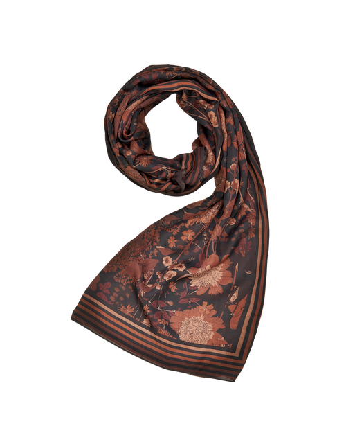 Fable England Deco Blooms Brown Stripe Border Midweight Scarf In Black