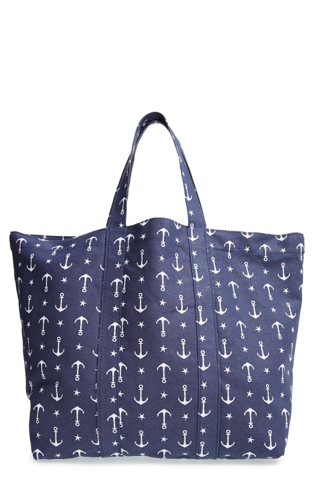 Anchor Print Beach Bag, Main, color, NAVY/ WHITE