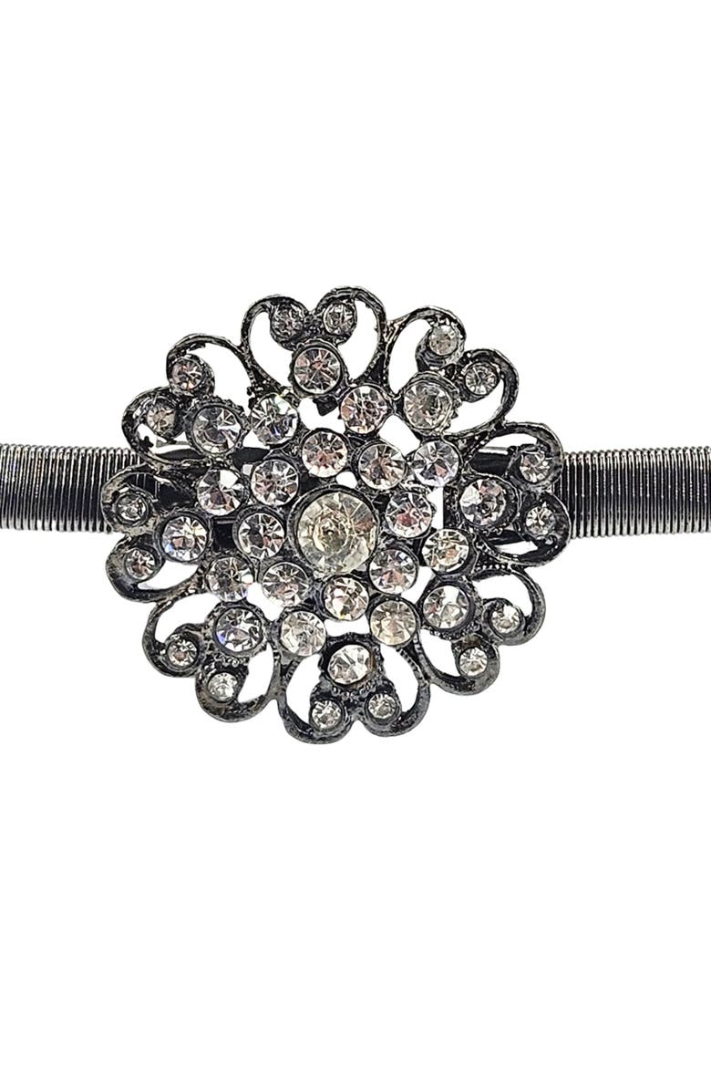 Vintage 1970s Silvertone, Gunmetal Floral Rhinestone Buckle, Alternate, color, Silver