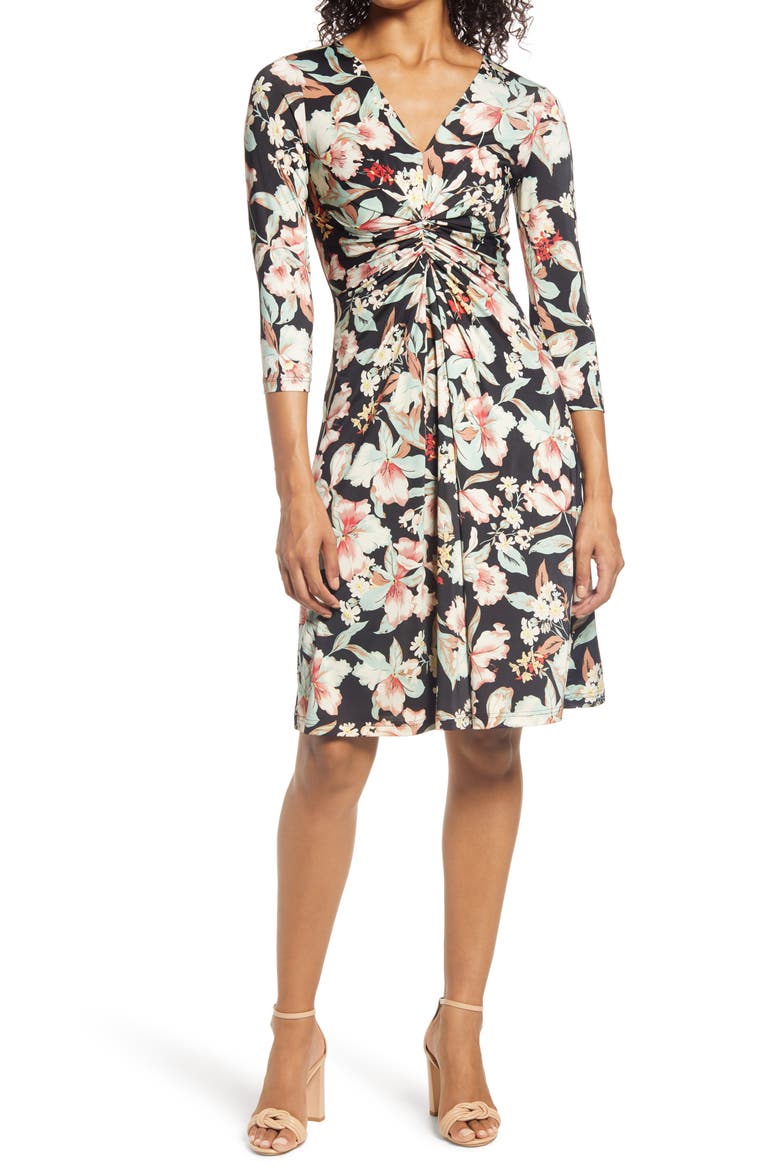 Floral Twist Front Fit & Flare Jersey Dress, Main, color, BLACK