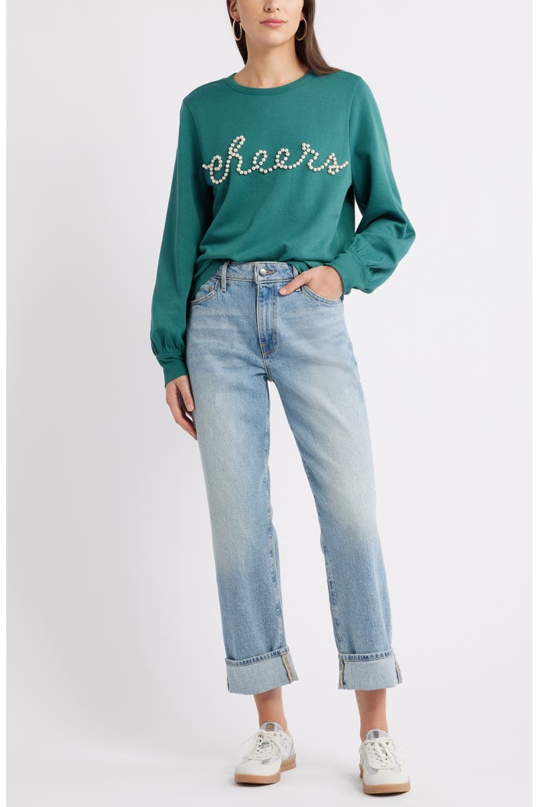 Gretchen Imitation Pearl Embellished Balloon Sleeve Sweatshirt, Alternate, color, GREEN JASPER EMBELLISHMENT