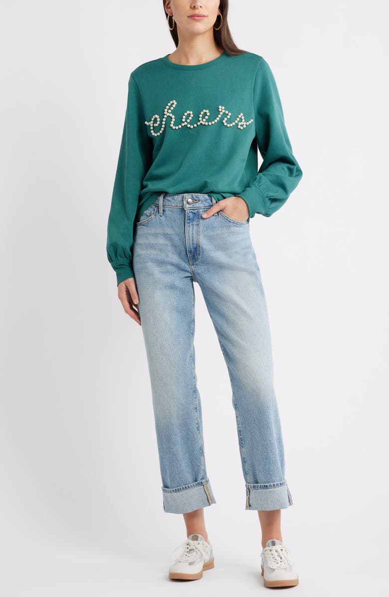Caslon<sup>®</sup> Gretchen Imitation Pearl Embellished Balloon Sleeve Sweatshirt, Alternate, color, Green Jasper Embellishment