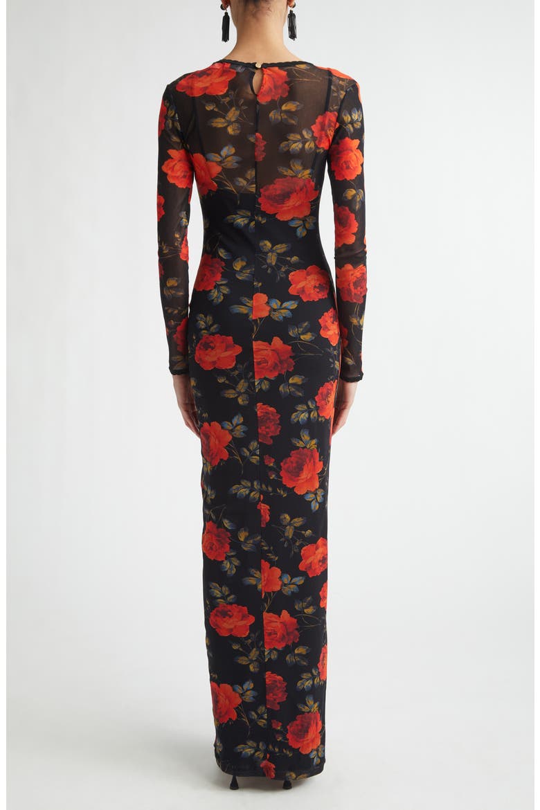 Rose Print Long Sleeve Mesh Dress, Alternate, color, BLACK MULTI