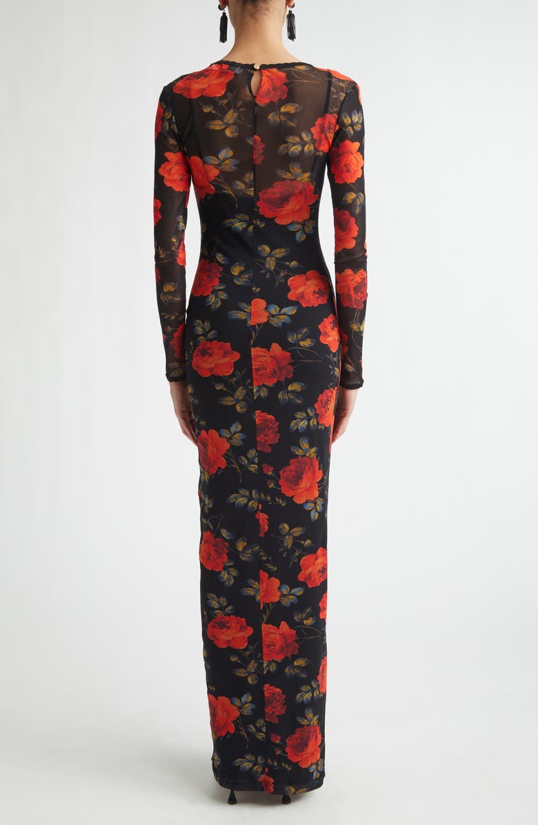 Carolina Herrera Rose Print Long Sleeve Mesh Dress, Alternate, color, Black Multi