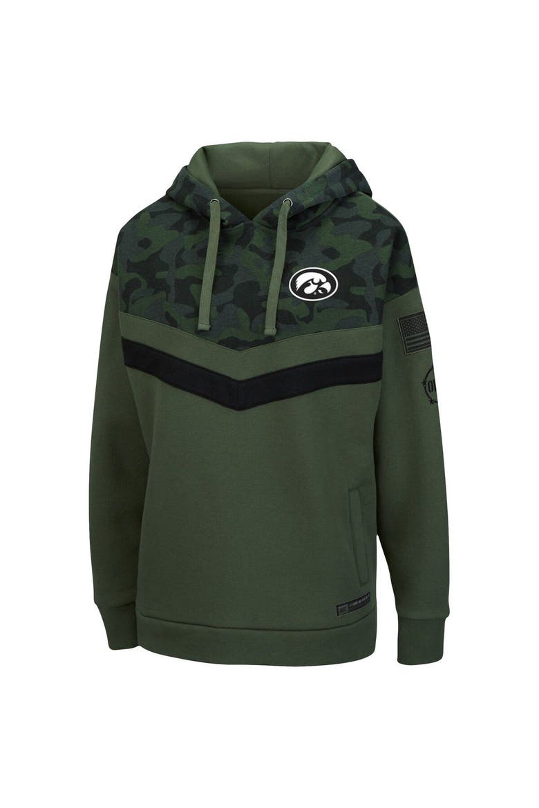 Women's Colosseum Olive/Camo Iowa Hawkeyes OHT Military Appreciation Extraction Chevron Pullover Hoodie, Alternate, color, Olive
