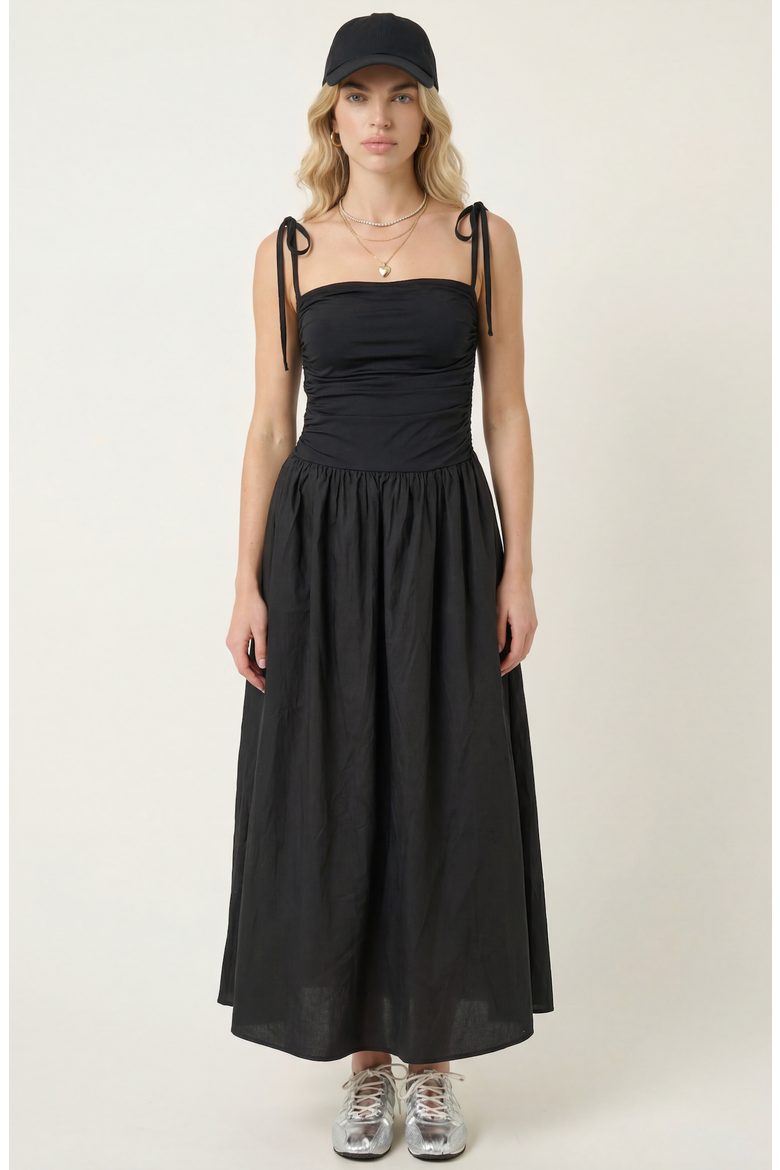 Ruched Bodice Tie Strap Gathered Skirt Midi Dress, Main, color, Black