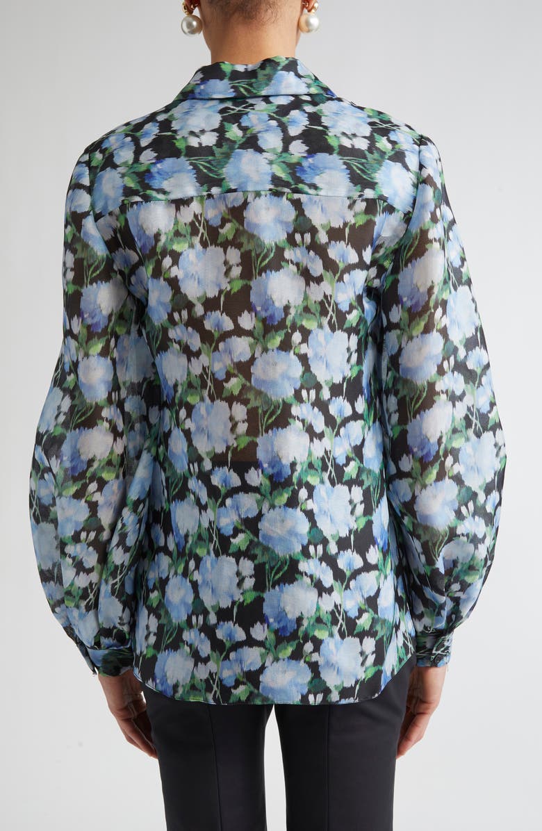 Carolina Herrera Peony Print Silk Organza Button-Up Shirt, Alternate, color, Blue Multi