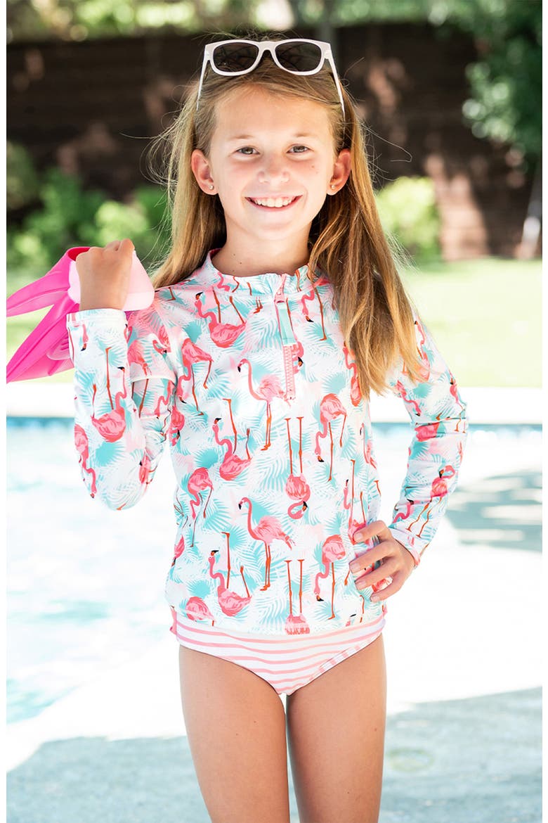 Kids' Vibrant Flamingo Long Sleeve Two-Piece Rashguard Swimsuit, Alternate, color, BLUE