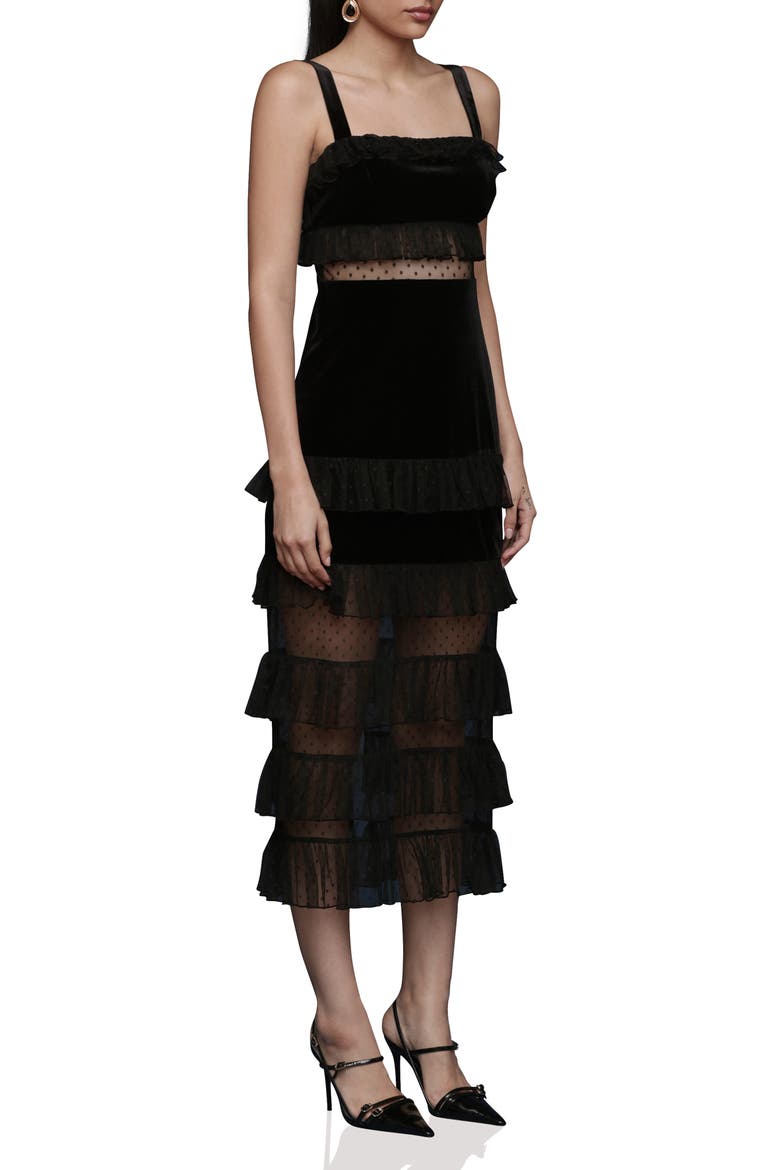 Tiered Ruffle Velvet Maxi Dress, Alternate, color, BLACK