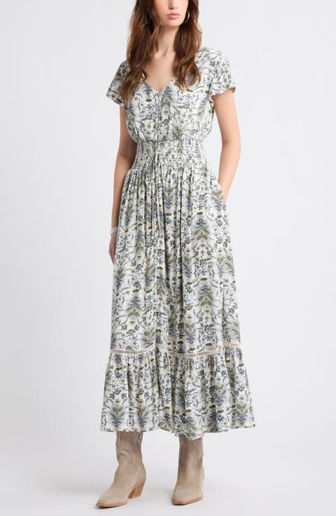 Print Smocked Waist Ruffle Hem Maxi Dress
