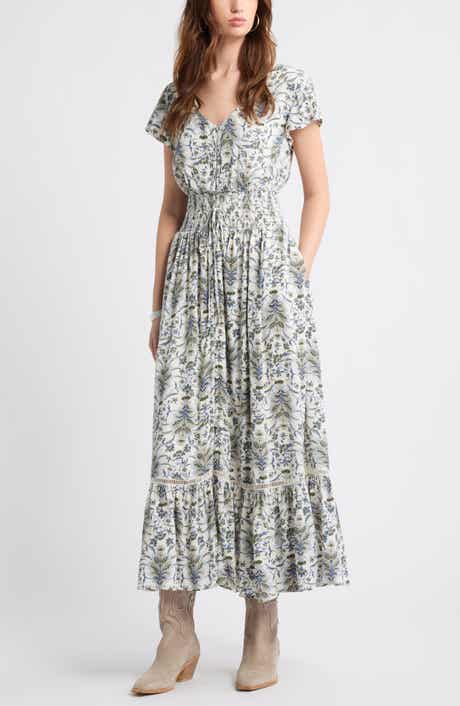 Treasure & Bond Print Smocked Waist Ruffle Hem Maxi Dress