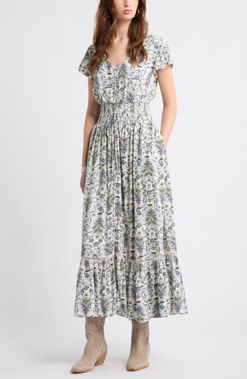 Treasure & Bond Print Smocked Waist Ruffle Hem Maxi Dress in Ivory Shell Willow Floral at Nordstrom Rack, Size Xx-Small
