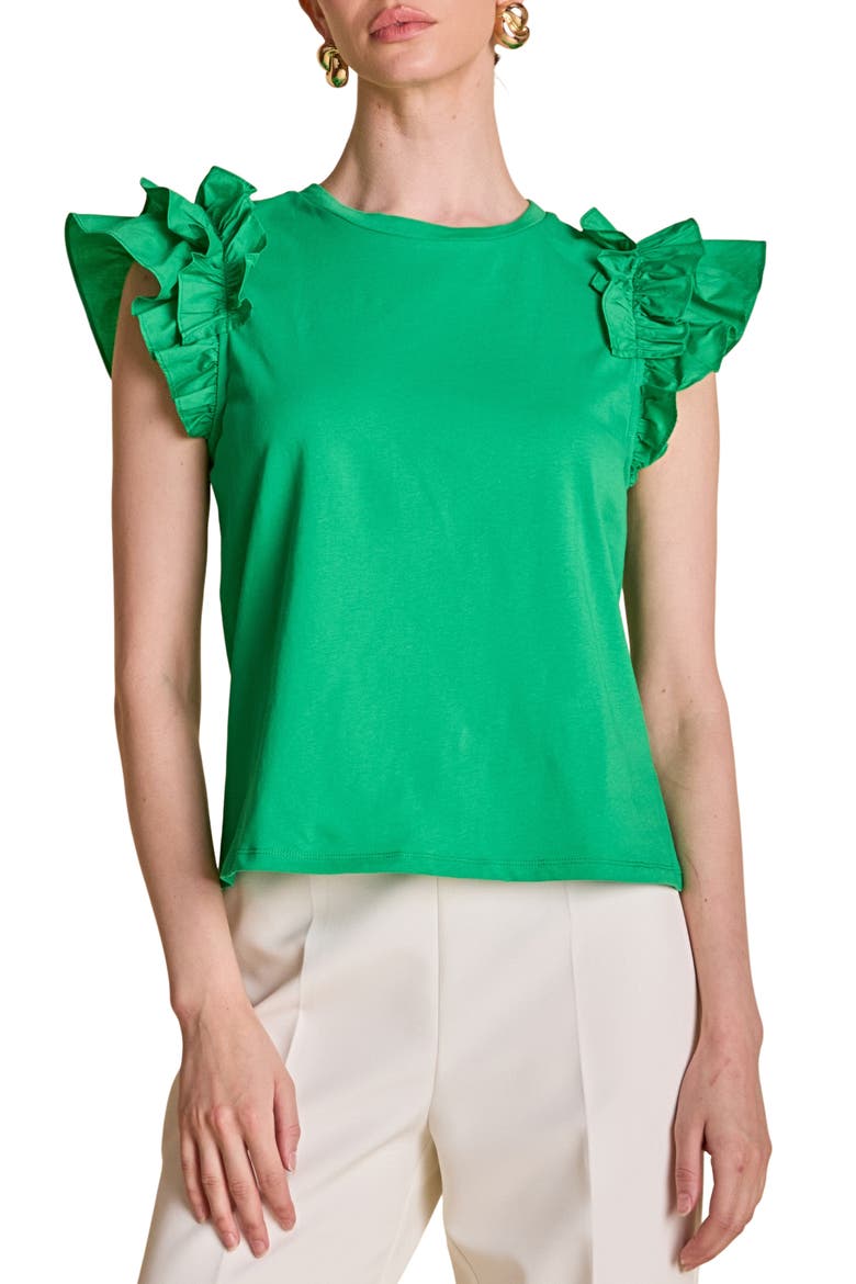 Ruffle Sleeve Mix Media Cotton Top, Main, color, GREEN