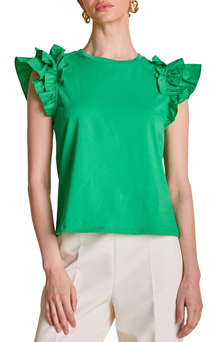 English Factory Ruffle Sleeve Mix Media Cotton Top, Main, color, Green