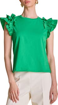 English Factory Ruffle Sleeve Mix Media Cotton Top
