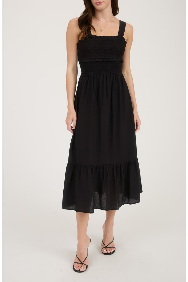 Bow Tie Smocked Midi Sundress, Main, color, BLACK